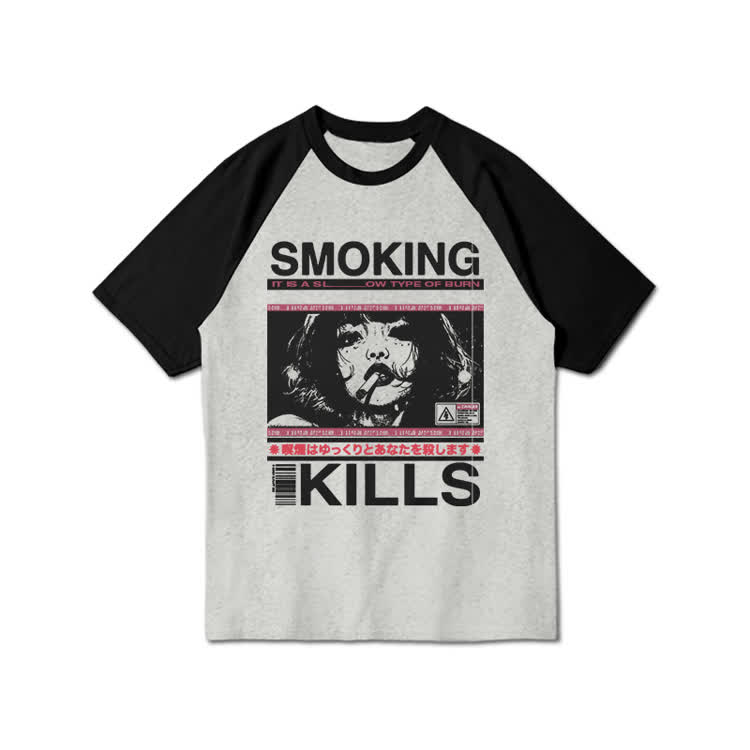 Smoking Kills Retro Manga Style Graphic Print Raglan Sleeve T-shirt - Black Grey - 3XL - image 7