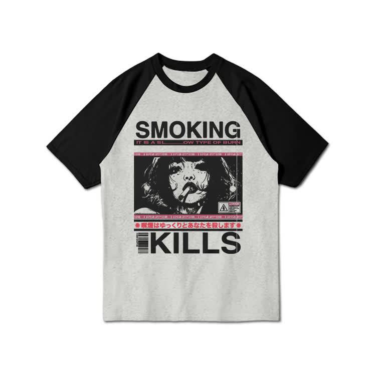 Smoking Kills Retro Manga Style Graphic Print Raglan Sleeve T-shirt - Black Grey - 3XL - image 7