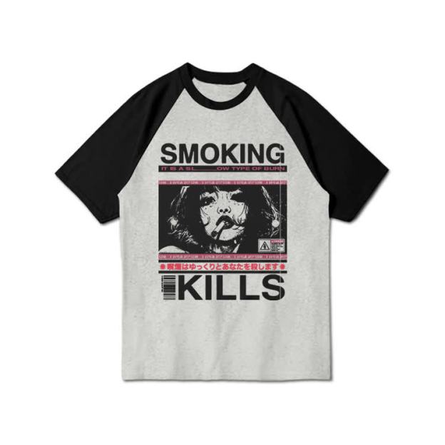 Smoking Kills Retro Manga Style Graphic Print Raglan Sleeve T-shirt - Black Grey - 3XL - image 7