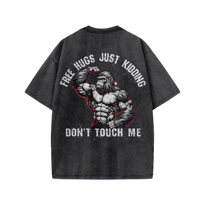 100% Cotton FREE HUGS Gym Print Acid Washed T-shirt - image 5