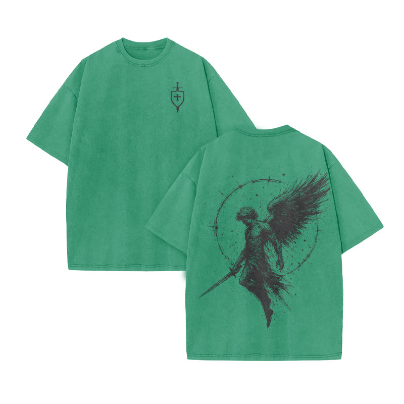 Unisex 100% Cotton Archangel Michael Print Acid Washed T-shirt - Green - US20-22(3XL) - image 5