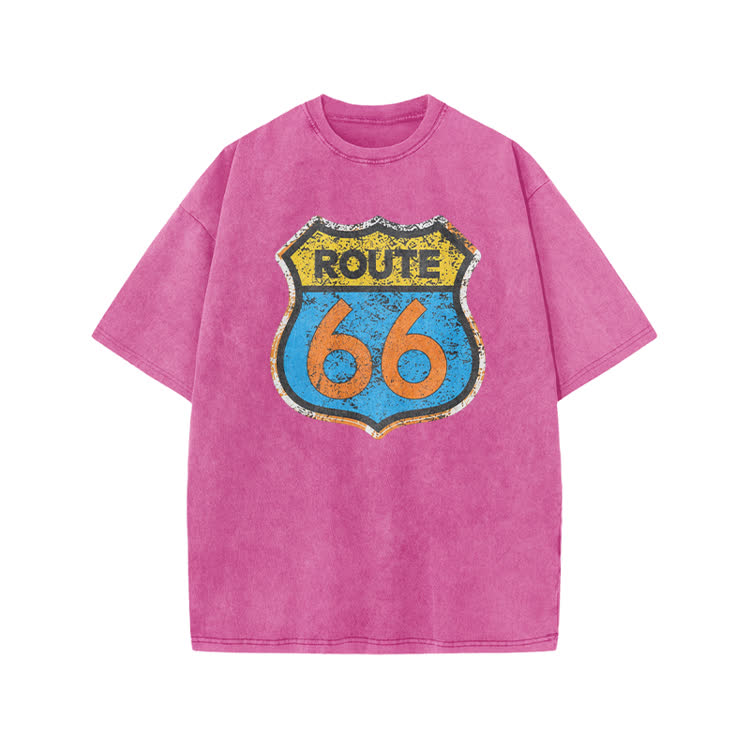 Vintage Route 66 Distressed Graphic Print Acid Washed T-shirt - Pink - US20-22(3XL) - image 7