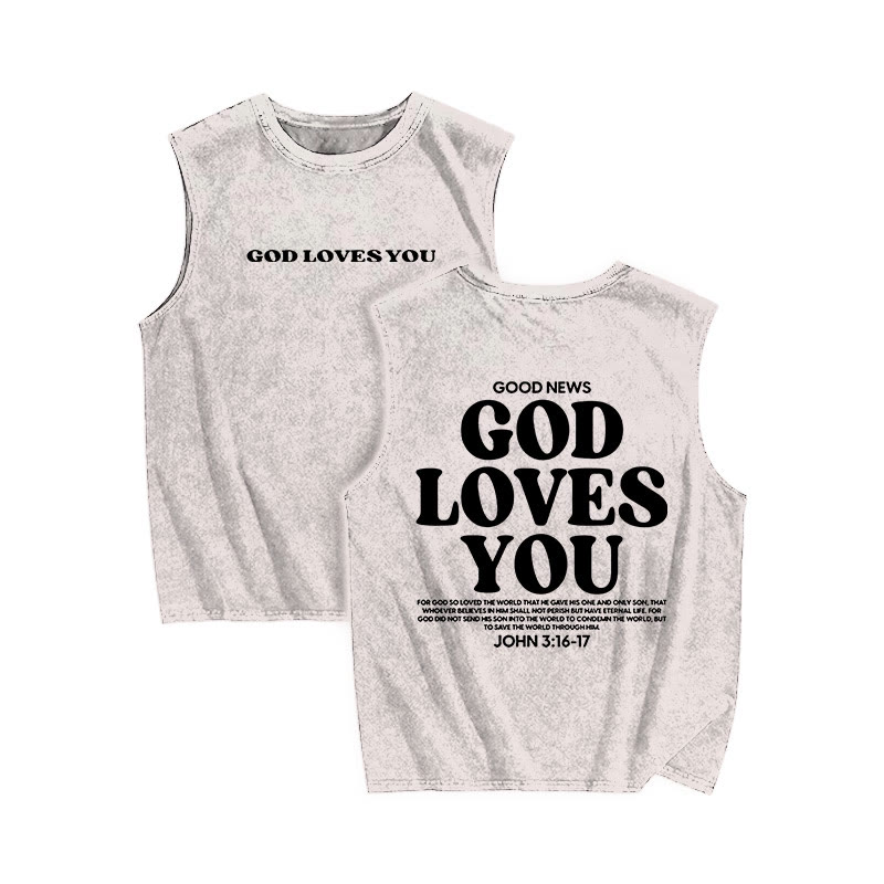 Unisex 100% Cotton God Loves You Print Washed Tank Top - Beige - 3XL - image 4