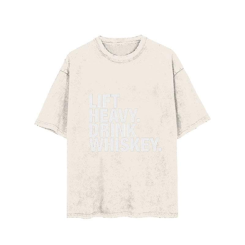 100% Cotton Lift Heavy Drink Whiskey Vintage Printed Washed Gym T-shirt - Apricot - 2XL - image 3