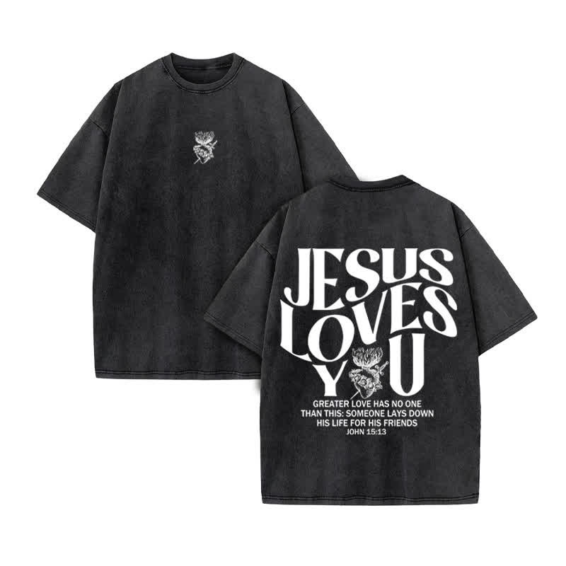 Unisex 100% Cotton JESUS LOVES YOU Print Acid Washed T-shirt - Black - US20-22(3XL) - image 3