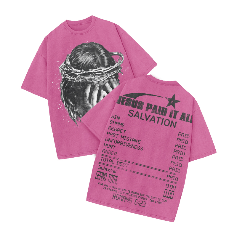 Jesus Paid It All Star Print Acid Washed T-shirt - Pink - US20-22(3XL) - image 7