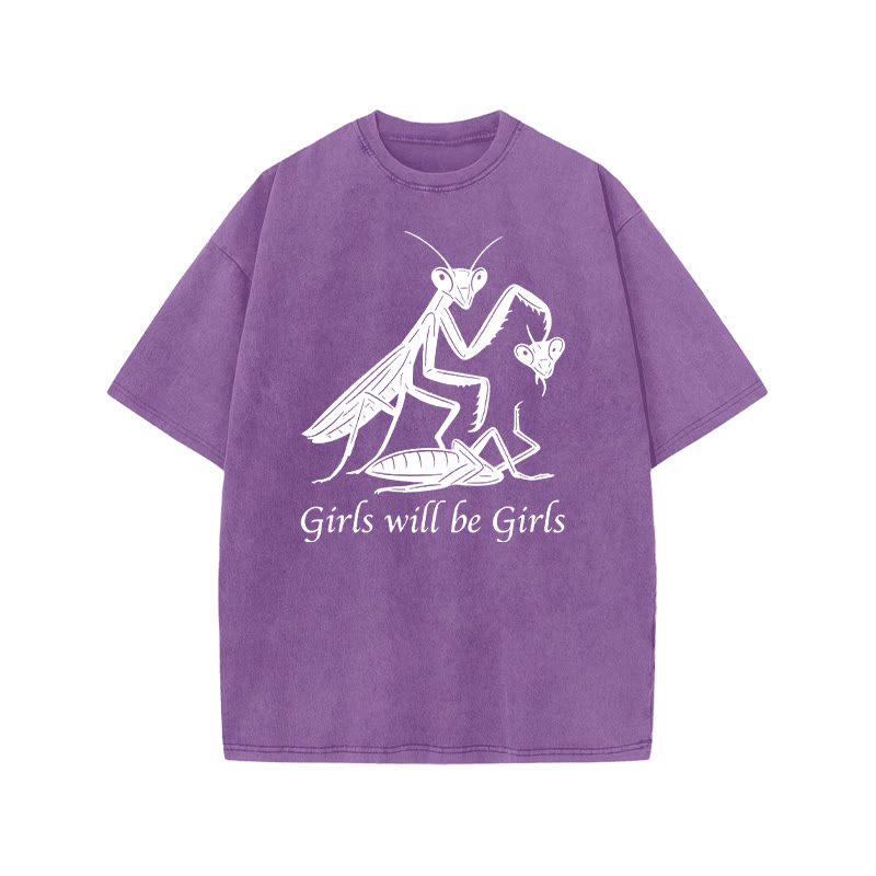 Girls Will Be Girls Print Acid Washed T-shirt - Purple - US20-22(3XL) - image 8