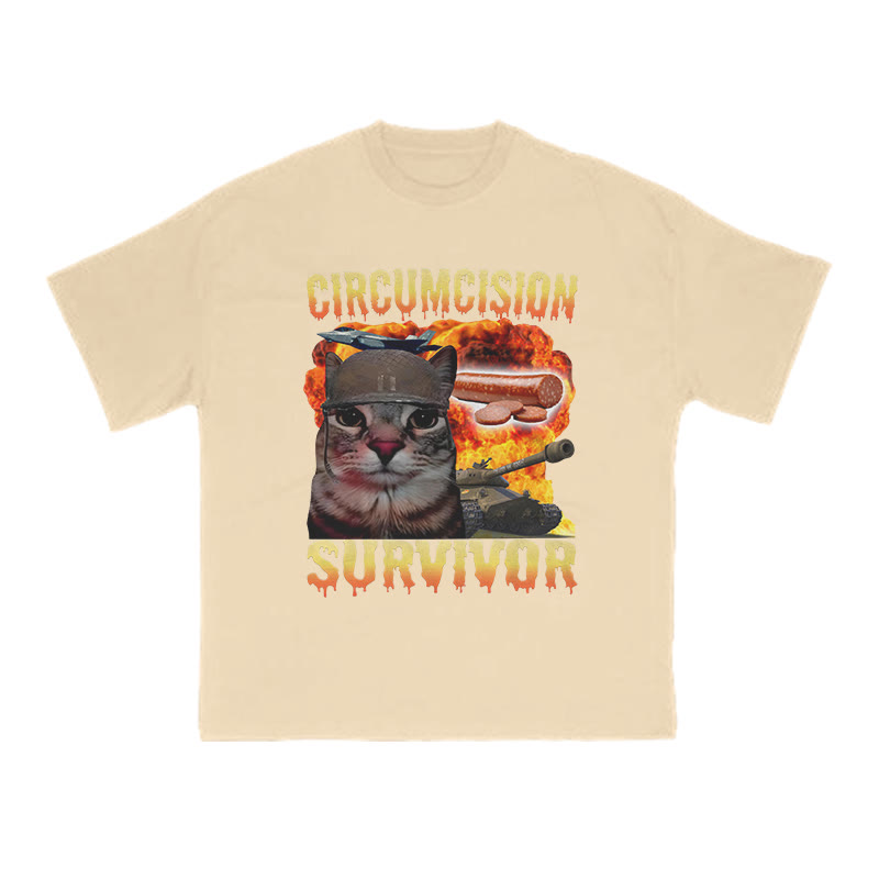 Unisex 100% Cotton Circumcision Survivor Meme Cat Print T-shirt - Apricot - US16-18(2XL) - image 5