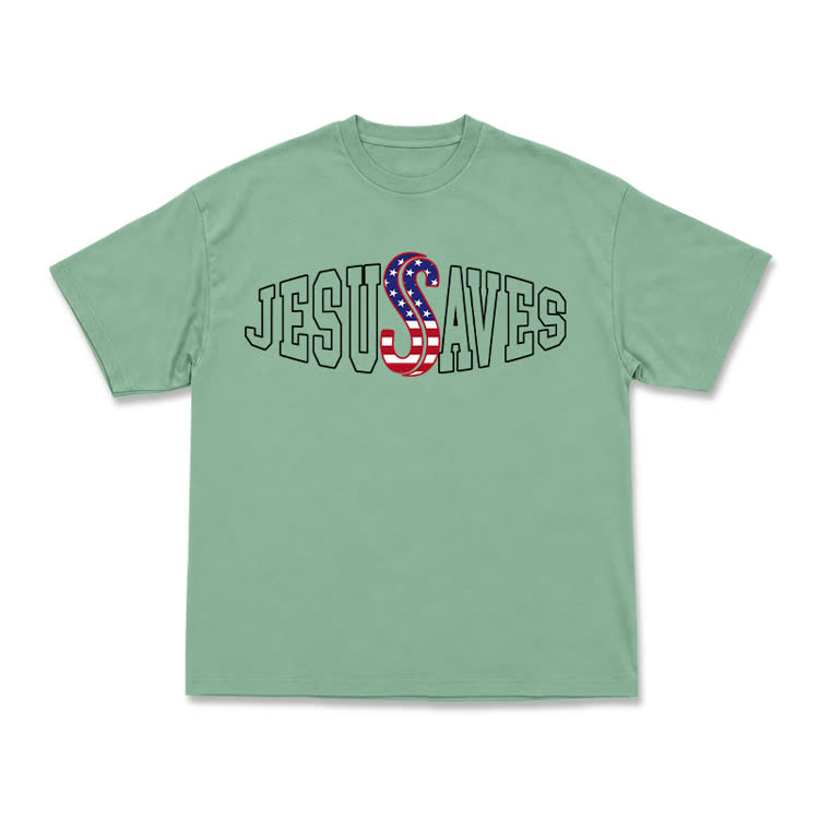 Classic Jesus Saves Flag Print T-Shirt - Light Green - US16-18(2XL) - image 12