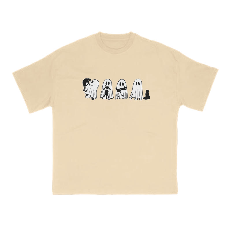 Unisex 100% Cotton Little Ghosts Playing With Cats Halloween Print T-shirt - Apricot - US16-18(2XL) - image 5