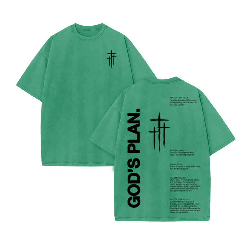 Unisex 100% Cotton God Plan Print Acid Washed T-shirt - Green - US20-22(3XL) - image 7