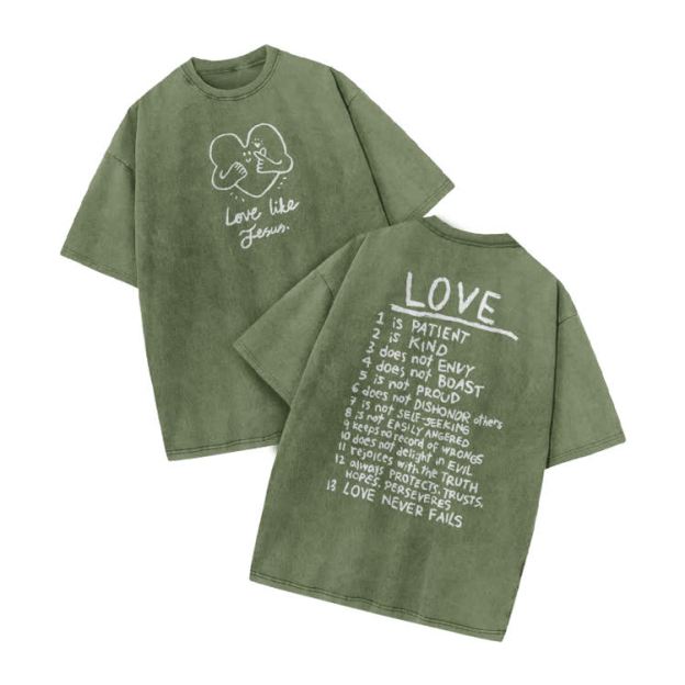 Love Like Jesus Print Acid Washed T-shirt - Army Green - US20-22(3XL) - image 6
