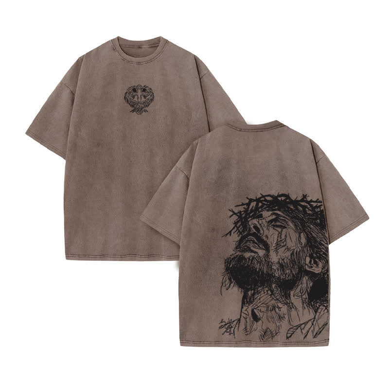 Unisex 100% Cotton Jesus Saves Hand Drawn Print Acid Washed T-shirt - Coffee - US20-22(3XL) - image 4