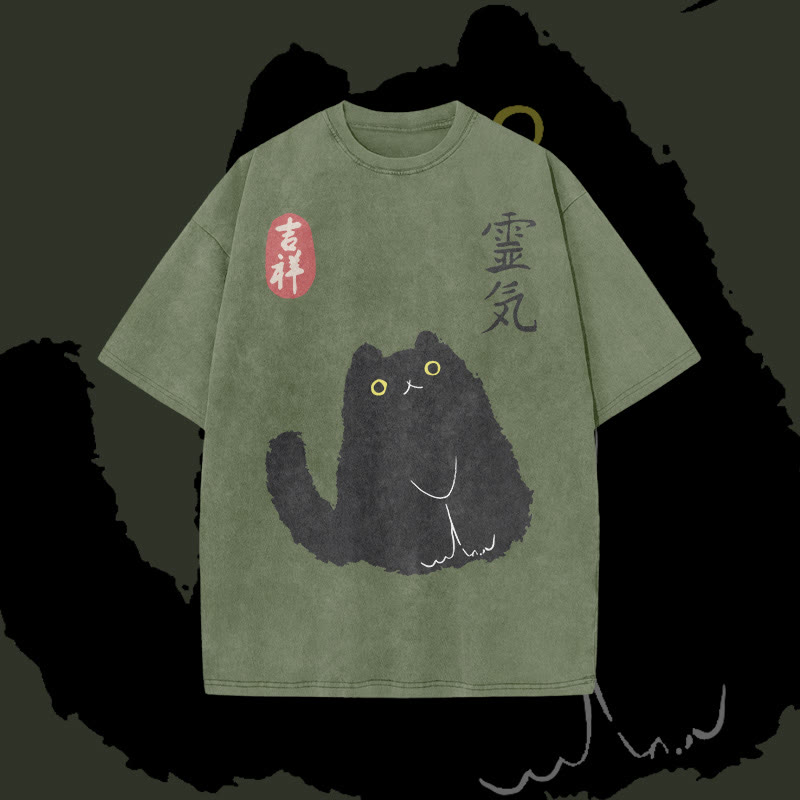 Unisex 100% Cotton Lucky Cat Japanese Print Acid Washed T-shirt