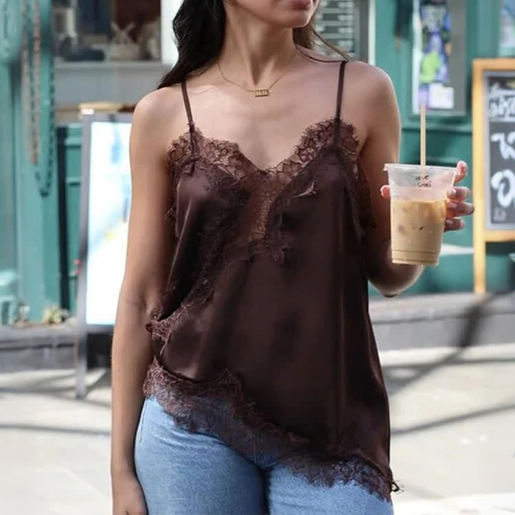Spaghetti Strap Tank Top With Lace Spliced Irregular Hem - image 8