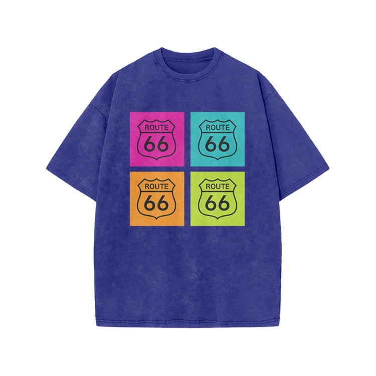 Vintage Route 66 Pop Art Print Acid Washed T-shirt - Blue - US20-22(3XL) - image 5