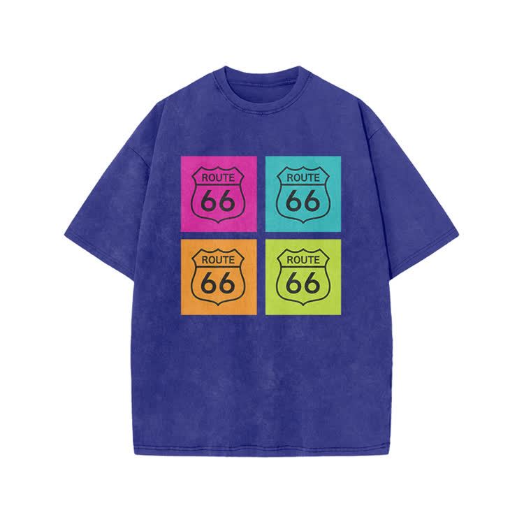Vintage Route 66 Pop Art Print Acid Washed T-shirt - Blue - US20-22(3XL) - image 5
