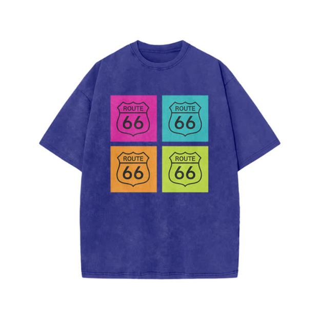 Vintage Route 66 Pop Art Print Acid Washed T-shirt - Blue - US20-22(3XL) - image 5