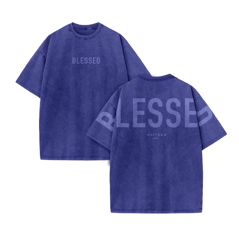 Blessed Matthew 5:3-12 Print Acid Washed T-shirt - Blue - US20-22(3XL) - image 9