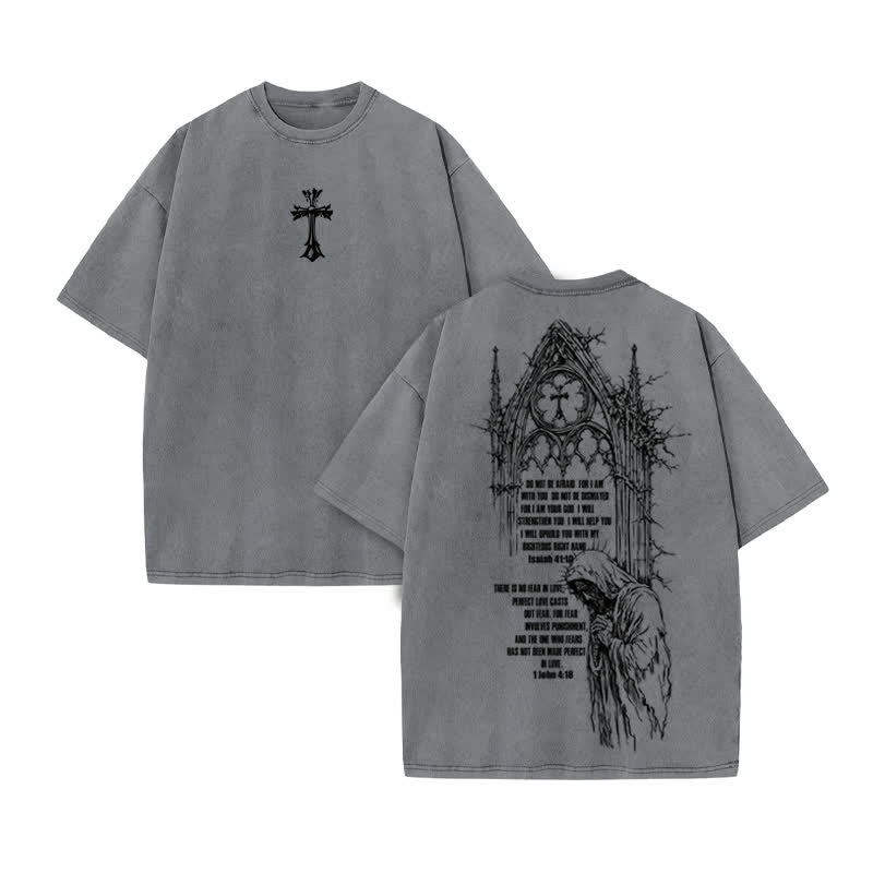 Unisex 100% Cotton Faith Over Fear Scripture Print Acid Washed T-shirt - Grey - US20-22(3XL) - image 5