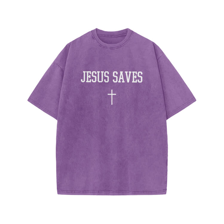 Jesus Saves Cross Print Acid Washed T-shirt - Purple - US20-22(3XL) - image 6