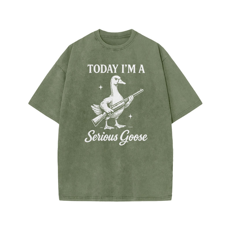 Today I'm A Serious Goose Print Acid Washed T-shirt - Army Green - US20-22(3XL) - image 5