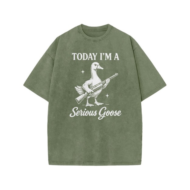 Today I'm A Serious Goose Print Acid Washed T-shirt - Army Green - US20-22(3XL) - image 5