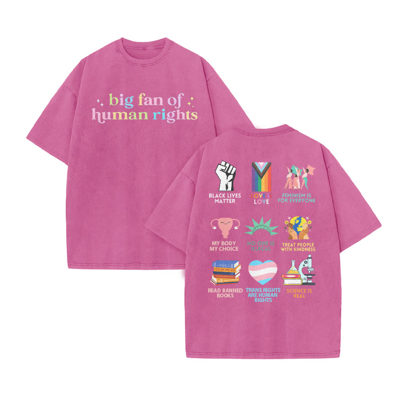Big Fan Of Human Rights Print Acid Washed T-shirt - Pink - US20-22(3XL) - image 9