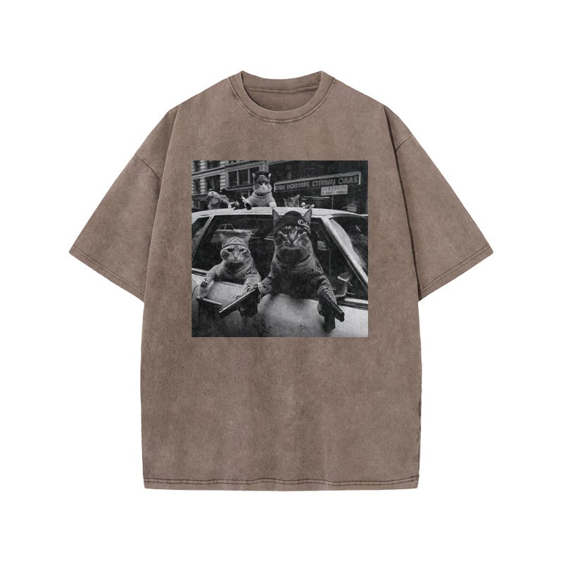 Funny Cat Gang Print Acid Washed T-shirt - Coffee - US20-22(3XL) - image 4