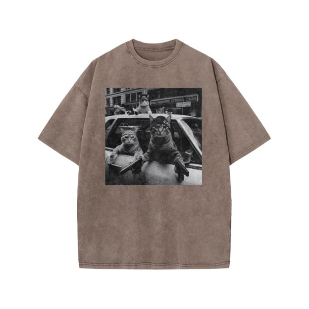 Funny Cat Gang Print Acid Washed T-shirt - Coffee - US20-22(3XL) - image 4