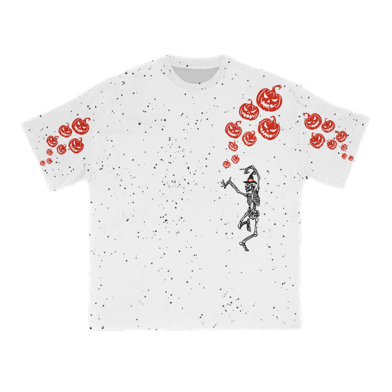 Unisex Dancing Skeleton Pumpkin Halloween Print T-shirt - White - 8XL - image 3