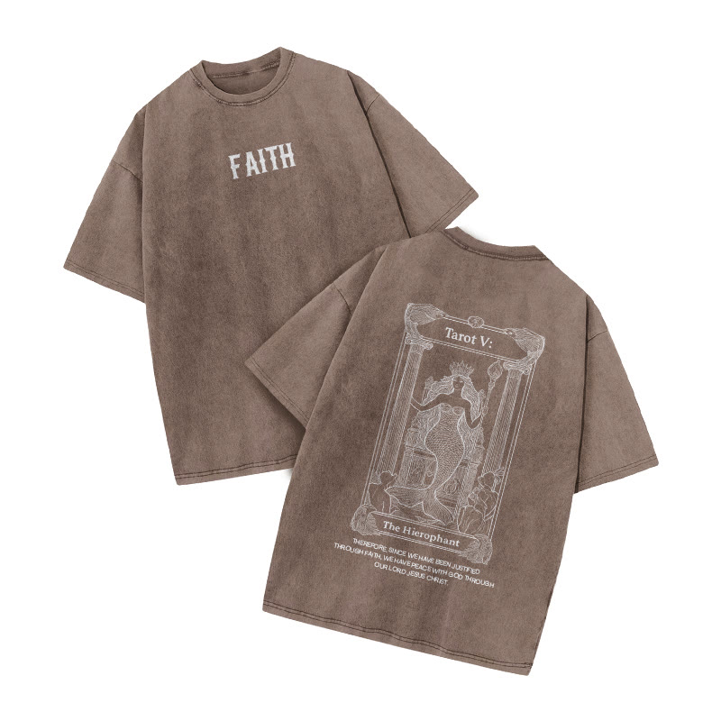 Faith Tarot The Hierophant Print Acid Washed T-shirt - Coffee - US20-22(3XL) - image 3