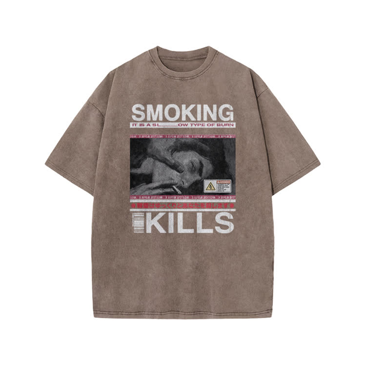 Smoking Kills Retro Manga Style Men Graphic Print Acid Washed T-Shirt - Coffee - US20-22(3XL) - image 6