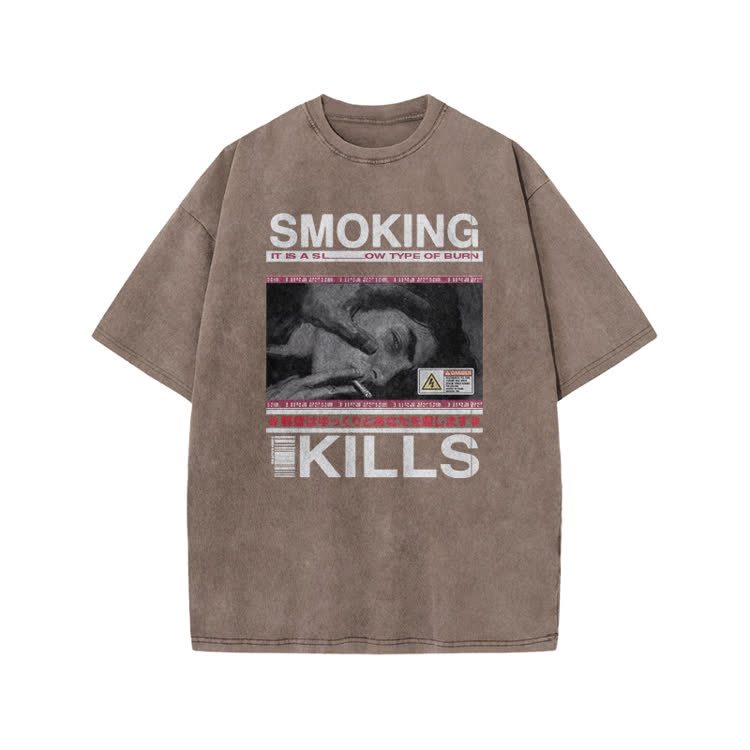 Smoking Kills Retro Manga Style Men Graphic Print Acid Washed T-Shirt - Coffee - US20-22(3XL) - image 6