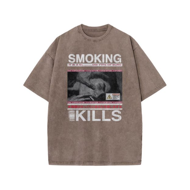 Smoking Kills Retro Manga Style Men Graphic Print Acid Washed T-Shirt - Coffee - US20-22(3XL) - image 6