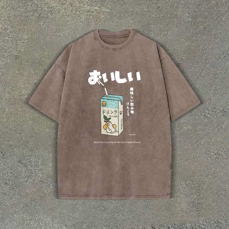 Unisex 100% Cotton Japanese Drink Pattern Letter Print Acid Washed T-shirt