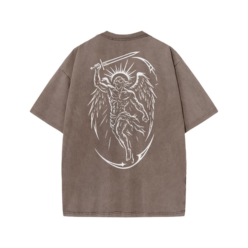 Unisex The Archangel Print Acid Washed T-shirt - Coffee - US20-22(3XL) - image 3