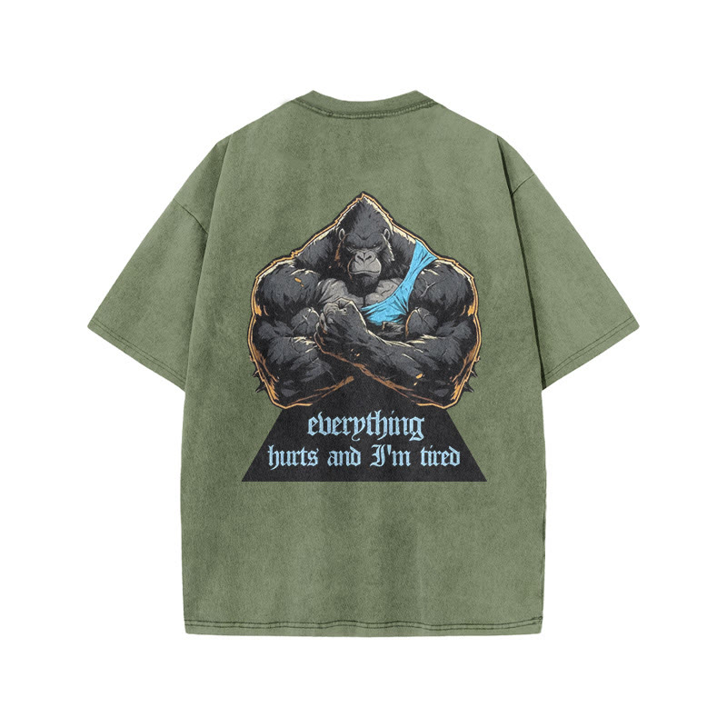 100% Cotton Everything Hurts & I'm Tired Gym Print Acid Washed T-shirt - Army Green - US20-22(3XL) - image 7