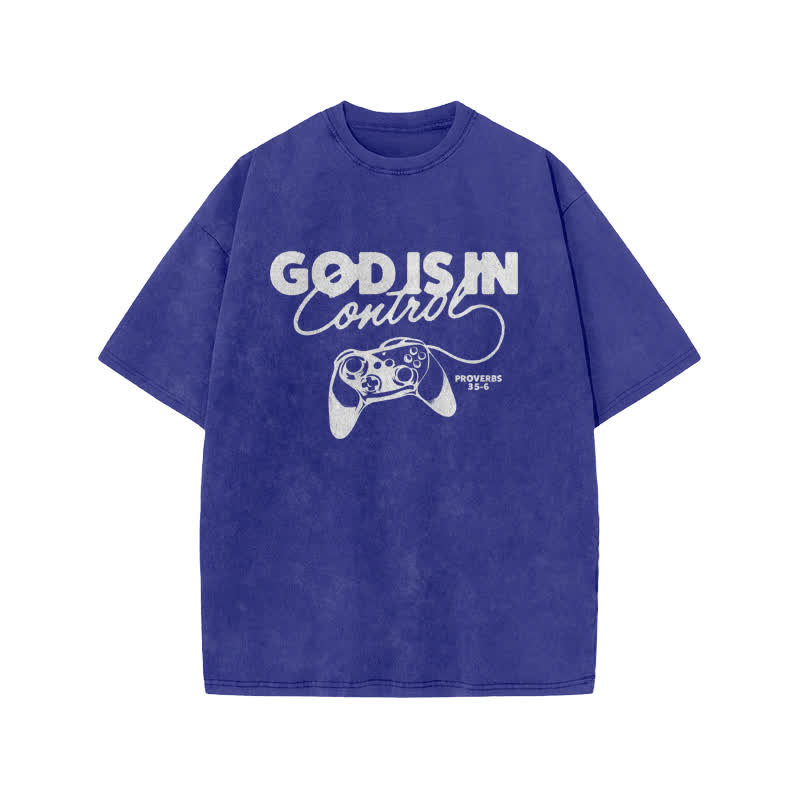 Unisex Cute God Is In Control Print Acid Washed T-shirt - Blue - US20-22(3XL) - image 8