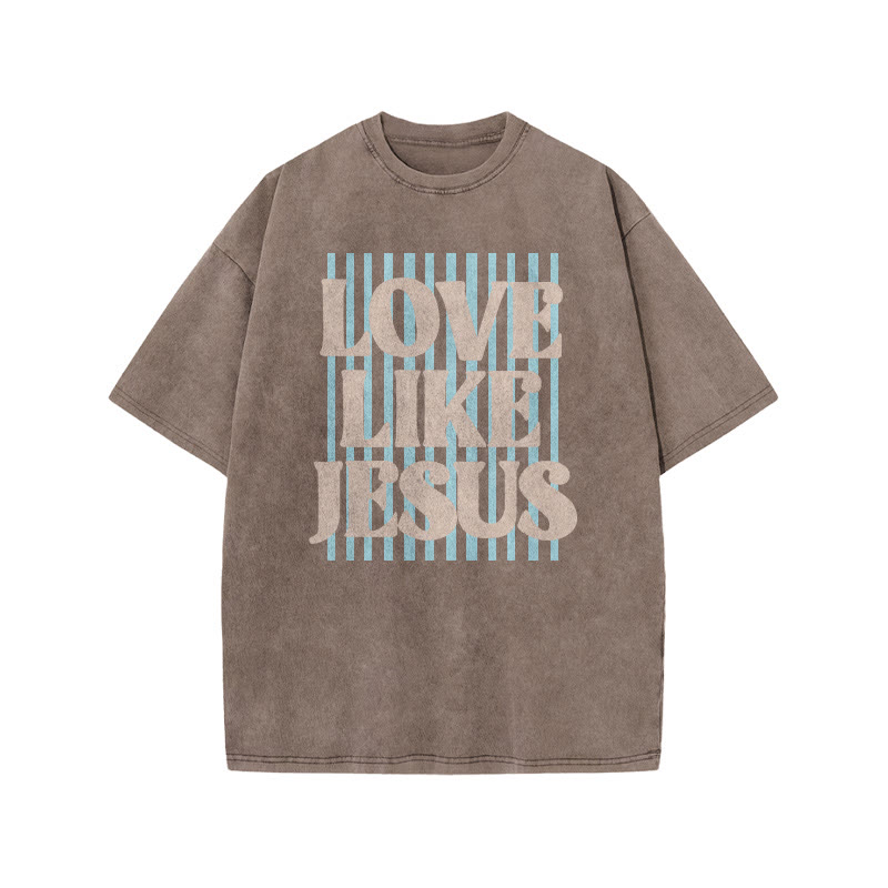 Unisex 100% Cotton Love Like Jesus print Acid Washed T-shirt - Coffee - US20-22(3XL) - image 4