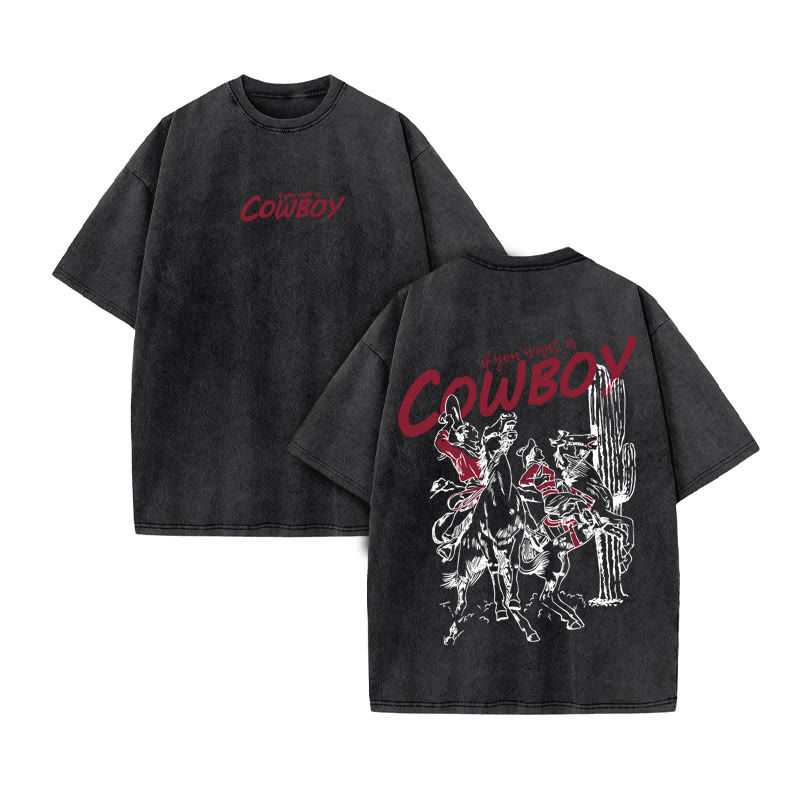 Unisex 100% Cotton Cowboy Print Acid Washed T-shirt