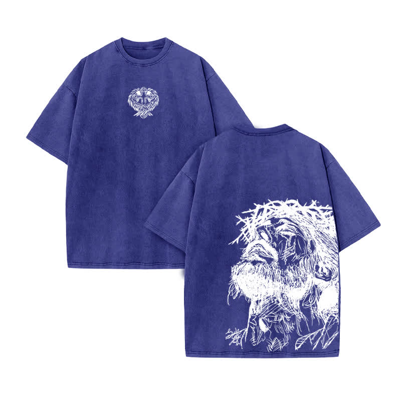 Unisex 100% Cotton Jesus Saves Hand Drawn Print Acid Washed T-shirt - Blue - US20-22(3XL) - image 10