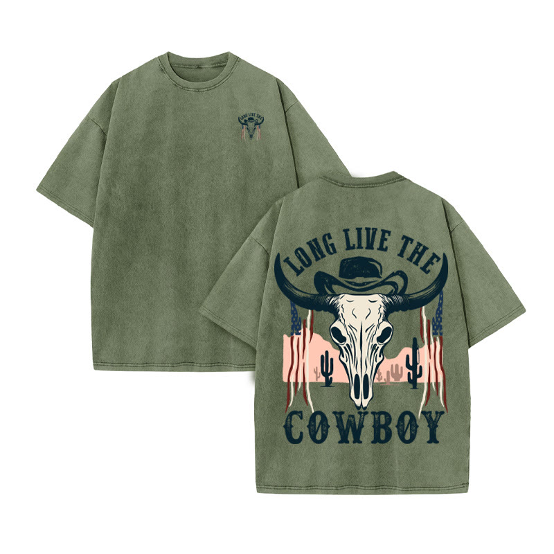 Unisex 100% Cotton COWBOY Western Style Print Acid Washed T-shirt