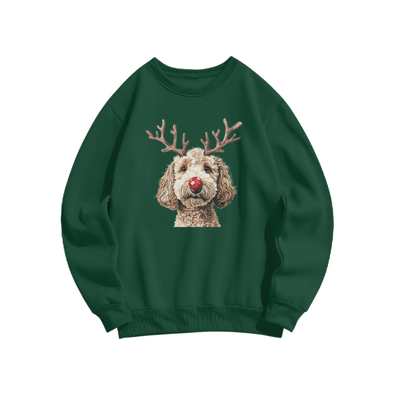 Cream-colored Poodle With Deer Antlers Print Sweatshirt - Dark Green - US16-18(2XL) - image 8