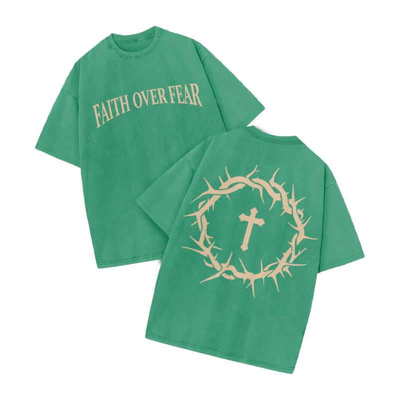 Streetwear Faith Over Fear Graphic Print Acid Washed T-Shirt - Green - US20-22(3XL) - image 9