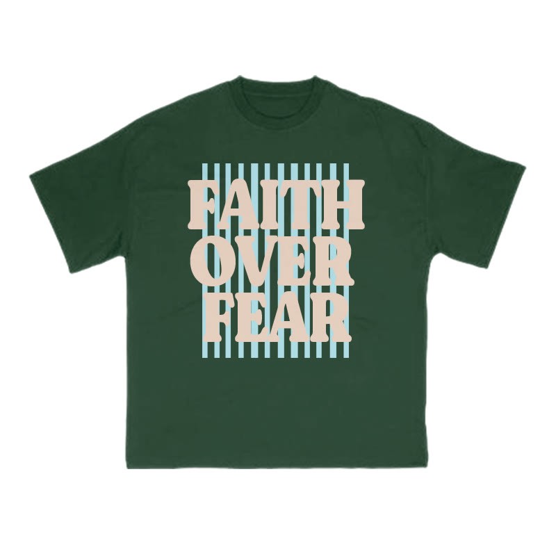 Unisex 100% Cotton Faith Over Fear Stripes Print T-shirt - Dark Green - US16-18(2XL) - image 5