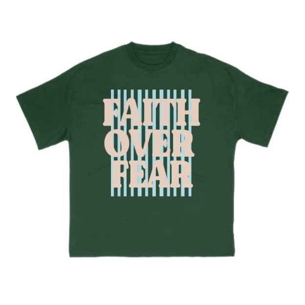 Unisex 100% Cotton Faith Over Fear Stripes Print T-shirt - Dark Green - US16-18(2XL) - image 5