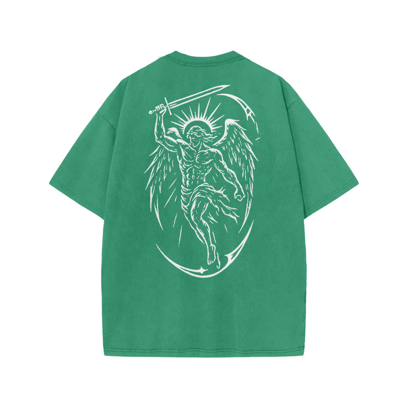 Unisex The Archangel Print Acid Washed T-shirt - Green - US20-22(3XL) - image 7