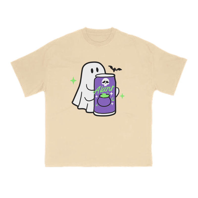 Unisex 100% Cotton Cute Ghost Print T-shirt - Apricot - US16-18(2XL) - image 6