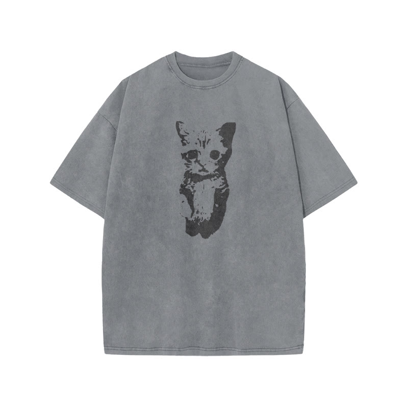 Unisex 100% Cotton Cute Cat Print Acid Washed T-shirt - Grey - US20-22(3XL) - image 2